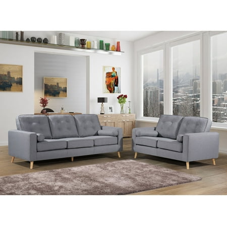 Denim Sofa Set Ethan Collection Upholstered Mid-Century ButtonTufted Sofa and Loveseat, 2-Piece Set, Grey ()