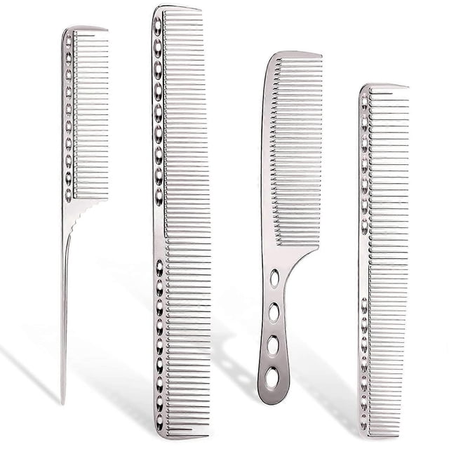 Professional Aluminum Barber Comb, 4 Types Metal Hair Cutting Comb, Hairdressing Comb Included, Long Hair Cutting Comb, Short Hairdressing Comb, Handl