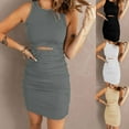 thumbnail image 5 of GENEMA Women Summer Sleeveless Crew Neck Midi Long Bodycon Dress Simple Solid Color Sexy Cut Out High Waist Pleated Ruched Party Clubwear, 5 of 19