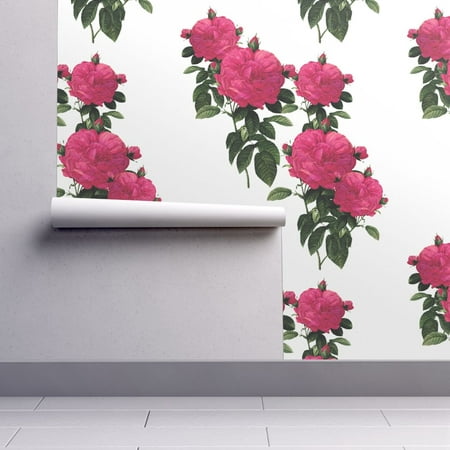 Removable Water-Activated Wallpaper Floral Floral Hot Pink Rose Green