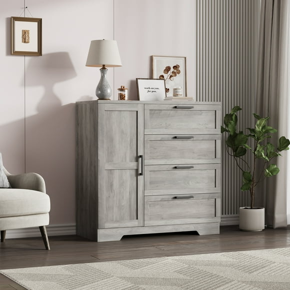 QinaQin Armario ropero de 43.3 pulgadas con barra para colgar y 4 cajones, gabinete multifuncional de madera para almacenamiento de ropa en recámara
