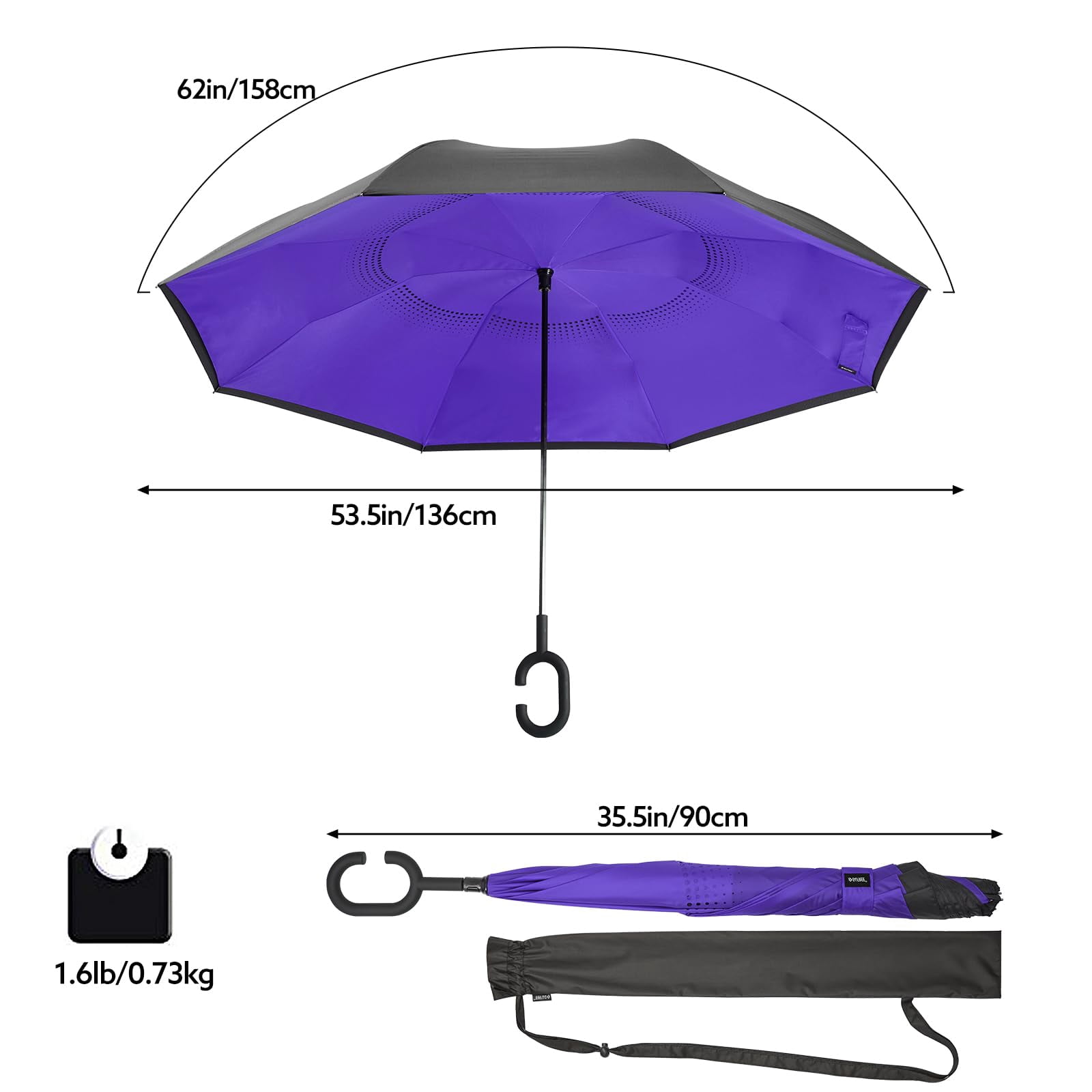 G4Free 48/62 Inch Large Inverted Reverse Umbrella with C-Shaped Handle, Windproof Double Layer Upside Down Car Rain Umbrellas for Men Women