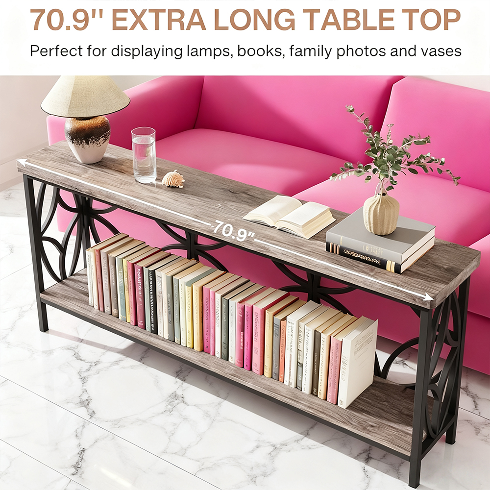 70.9-Inch Extra Long Narrow Sofa Table, Industrial Console Table Behind Couch With 2-Tier Storage, 198LBS Per Shelf, Slim Entry Table For Living Room, Foyer, Hallway