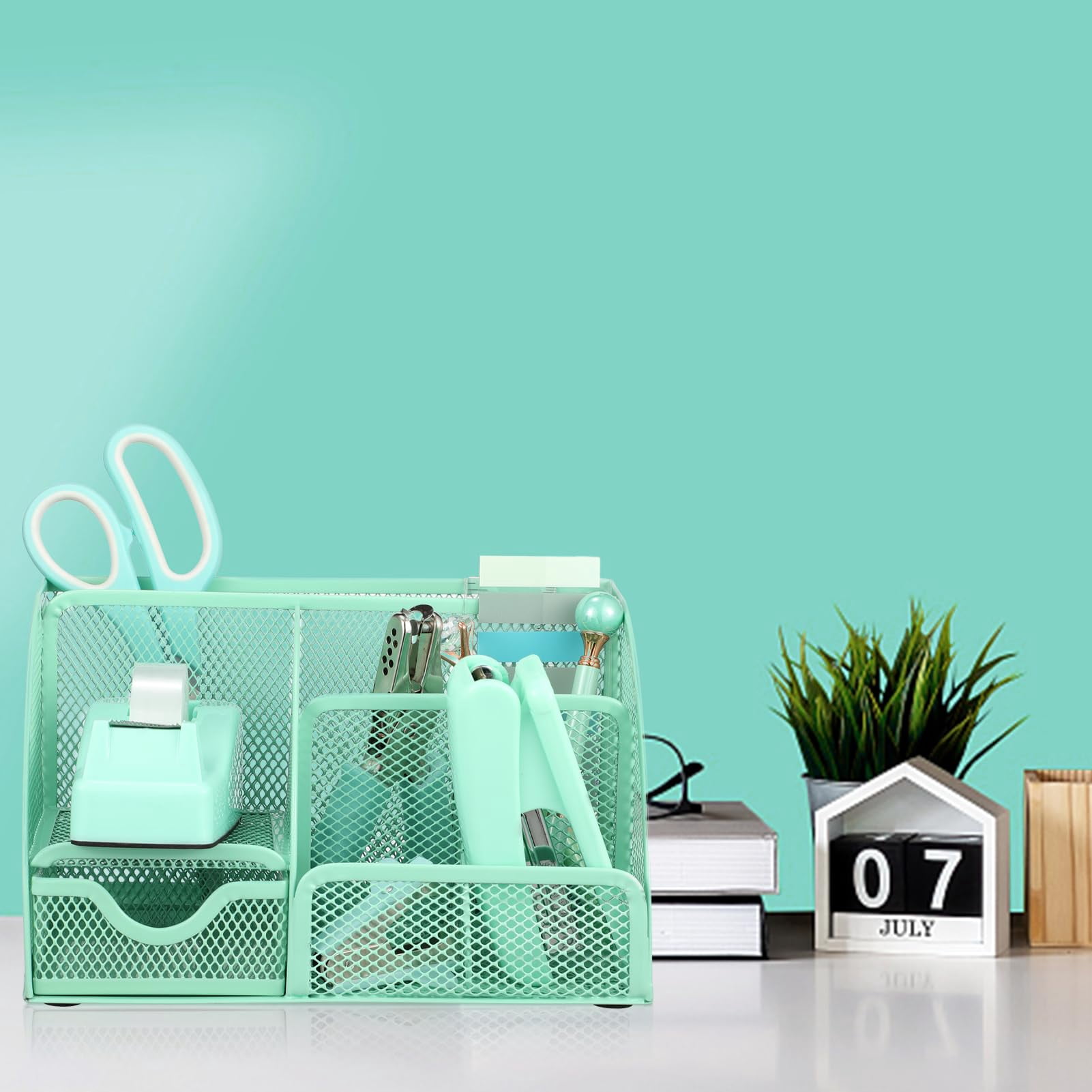 Green Desk Organizers And Accessories  Teal Office Supplies Set Mesh Organizer Stapler Tape Dispenser 1000 Staples Staple Remover Pen Holder Clips Ruler