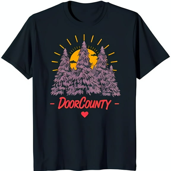 Retro Black T-Shirt with Sunset Trees & Heart 'Door County' Graphic