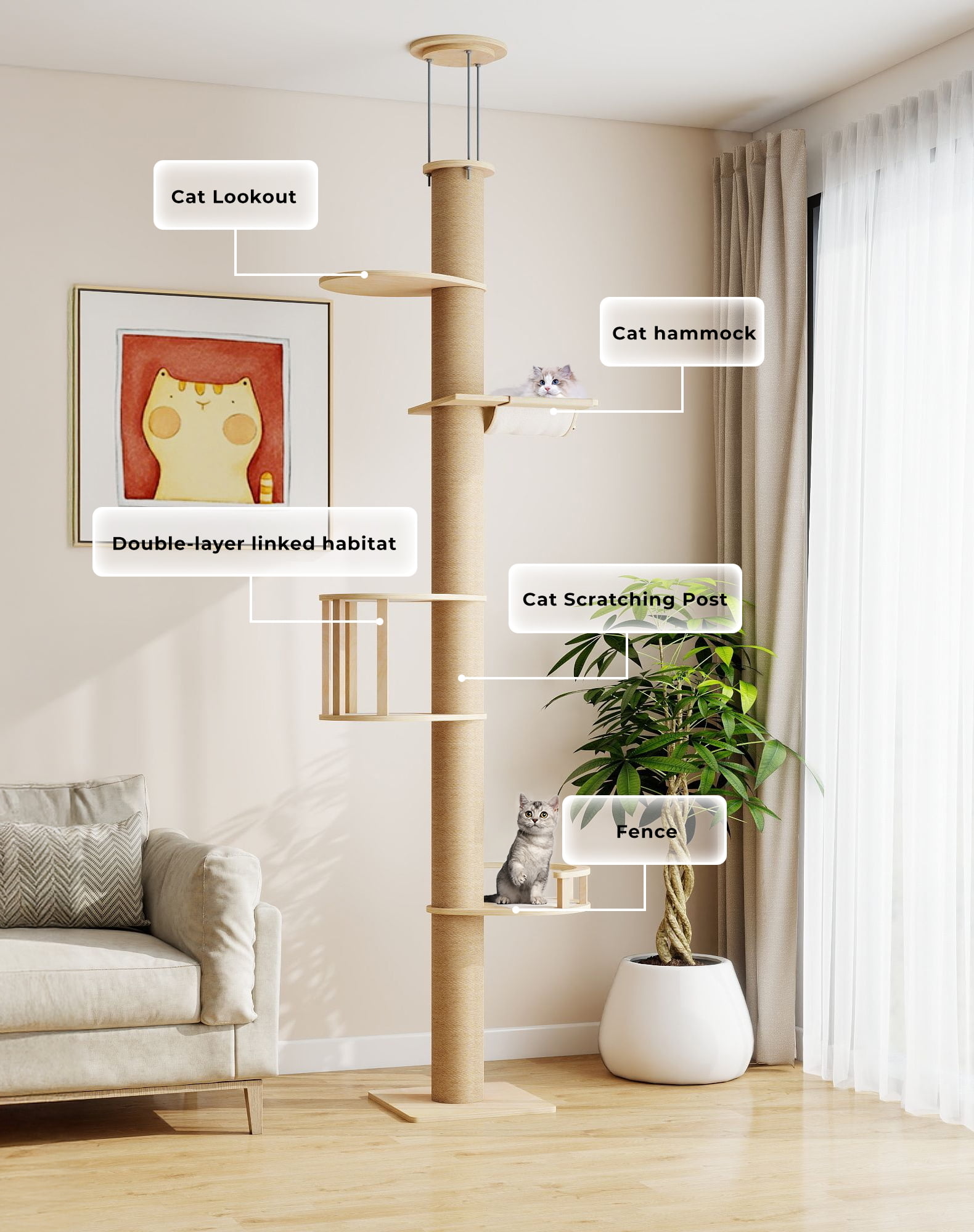 COZIWOW Floor-to-Ceiling Cat Tree, adjustable (89-112 inches), sturdy 5-tier tower for large cats. Features 4.33" scratching posts, hammock, platforms. Saves space, enriches indoor play.