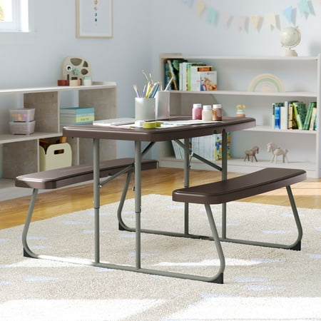 Flash Furniture Easy-Fold Brown Folding Plastic Kids Outdoor Picnic Table and Benches - Commercial Grade - Seating for 4 Kids