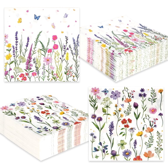 100Pcs Disposable Spring Floral Party Napkins, 2-Ply 6.5×6.5 inche Wildflower Napkin with Butterfly  for Spring Birthday Tea Bridal Dinner Parties & Home Use