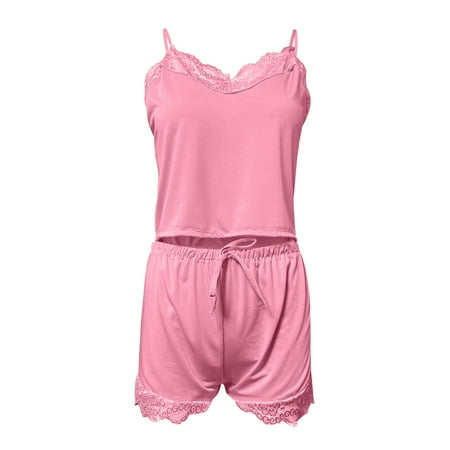 

nsendm Women Casual Sexy Solid Color Lace Decoration Comfortable Camisole Shorts Home Pajamas Set Appealing Pajamas Pajamas Pink Small