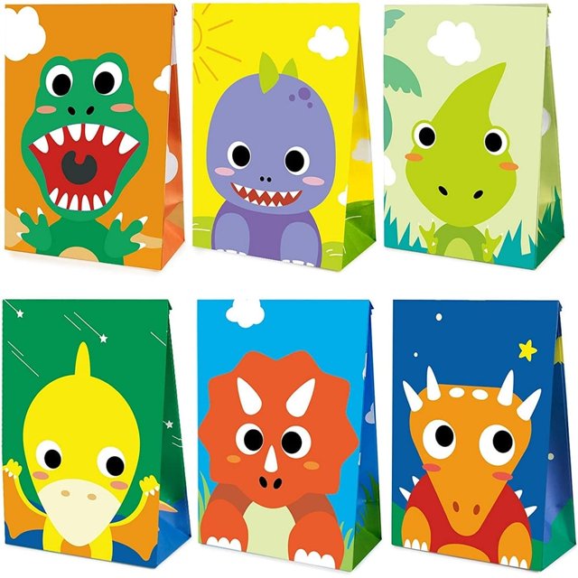 LEEYNEER - Paquete de 24 bolsas de regalo para fiesta de dinosaurios - Bolsas de golosinas multicolores para niños para fiesta de cumpleaños, bolsas de golosinas de dinosaurios, bolsas de regalo de
