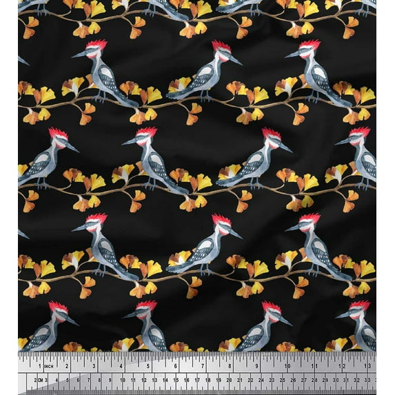 Soimoi Black Cotton Duck Fabric Autumn Leaves & Woodpecker Bird Printed Fabric 1 Yard 44 Inch Wide