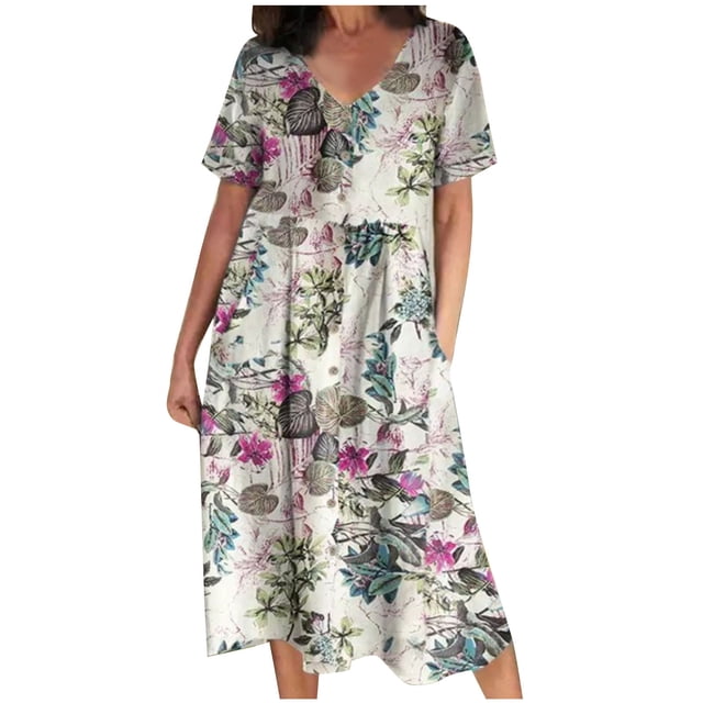 Birdeem Robe Décontractée pour Femmes, Mode Aguichant Vintage, Col en V, Manches Courtes, Boutons, Poche