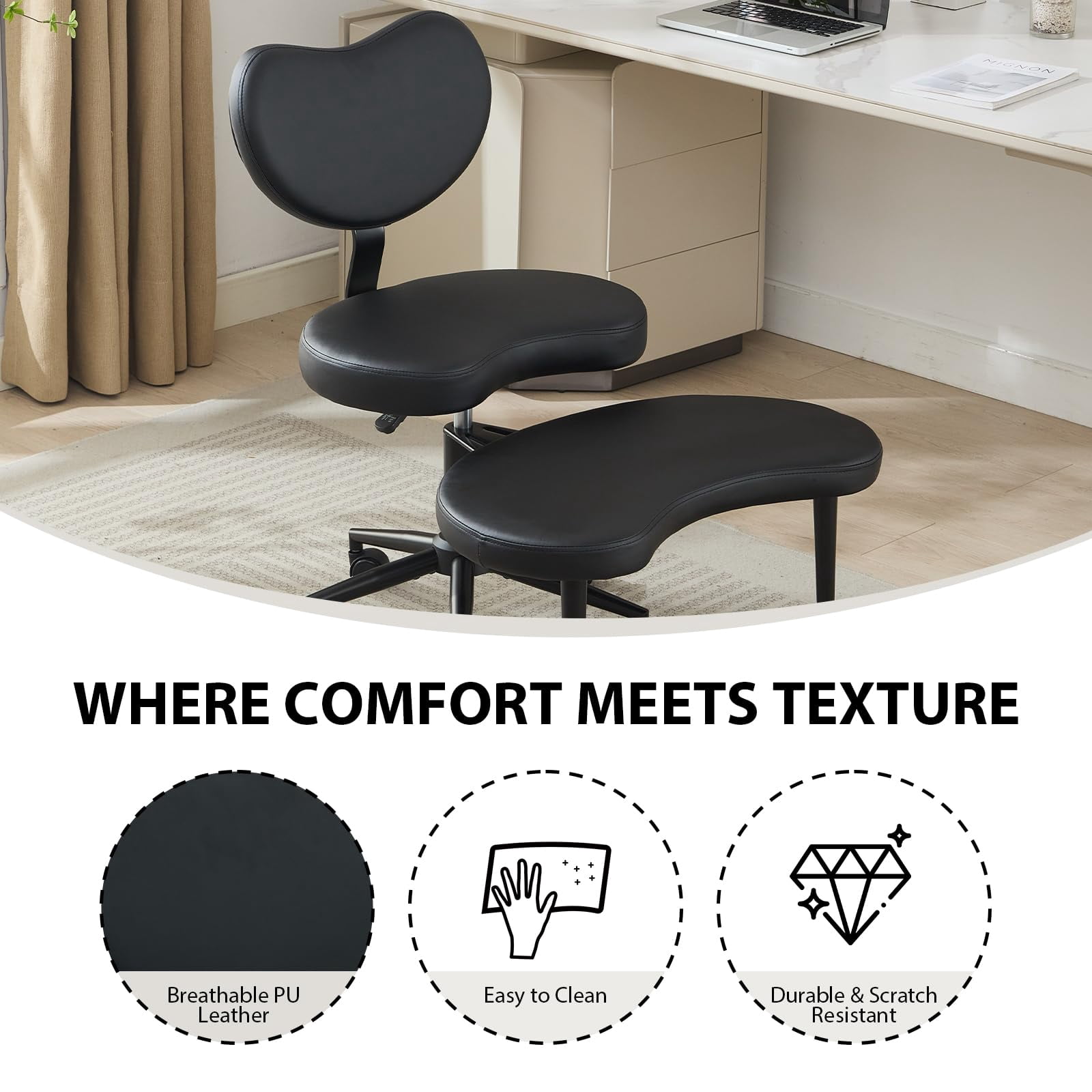 Pawverly Cross-Legged Meditation Chair with Wheels, Adjustable Height Yoga Office Chair with Lumbar Support, Ergonomic Criss Cross Desk Chair for Adults, Black PU Leather
