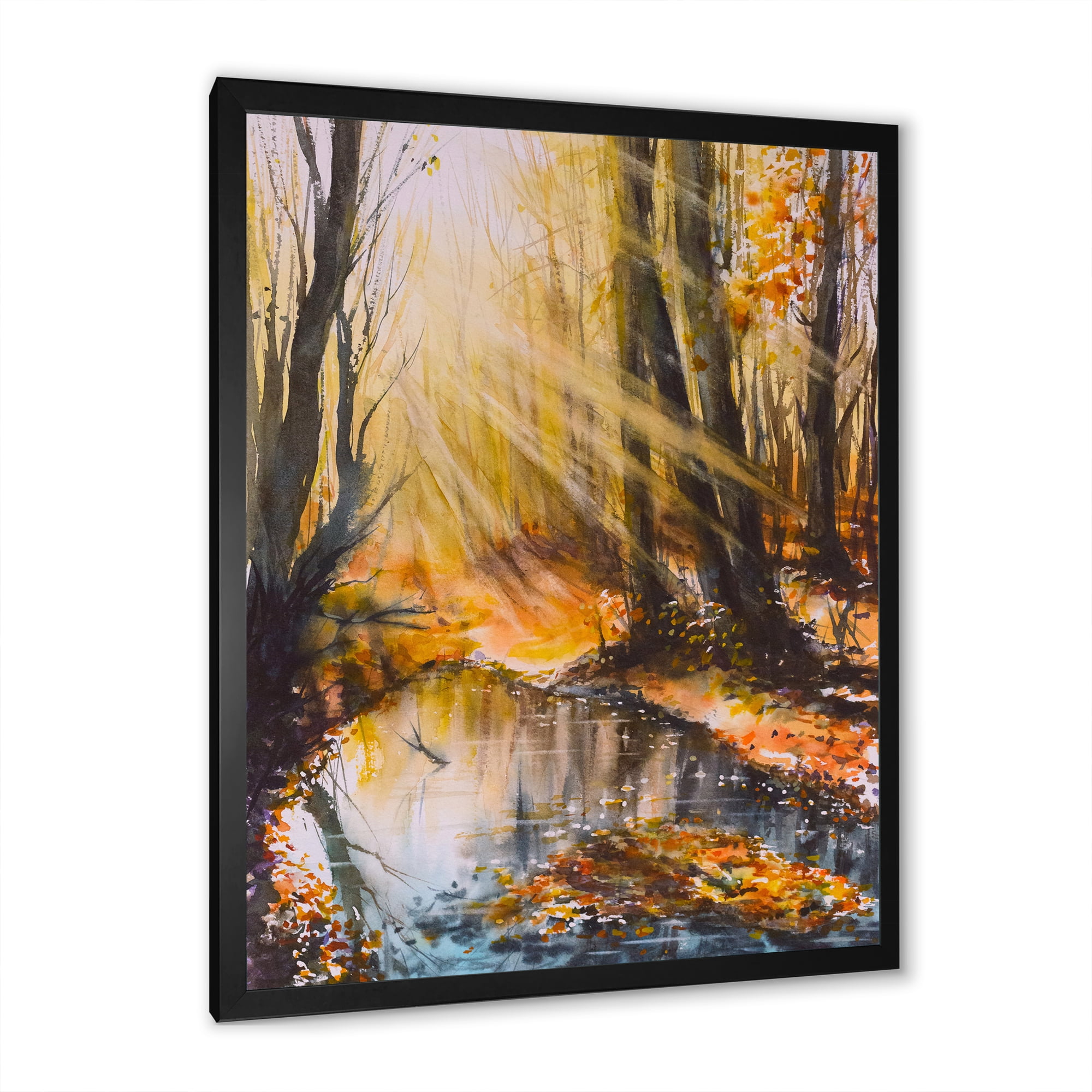 Designart 'Bright Sunshine Through The Brown Forest Trees' Lake House Framed Art Print