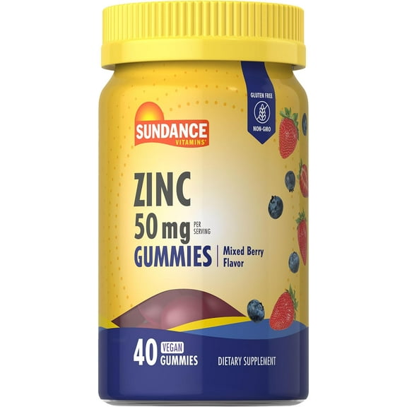 Zinc 50mg | 40 Vegan Gummies | Mixed Berry Flavor | Vegan, Non-GMO, and Gluten Free | by Sundance