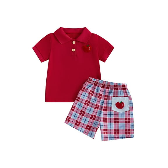 Rovasas Boys Back to School Outfits Apple Embroidery T-Shirt and Plaid Shorts