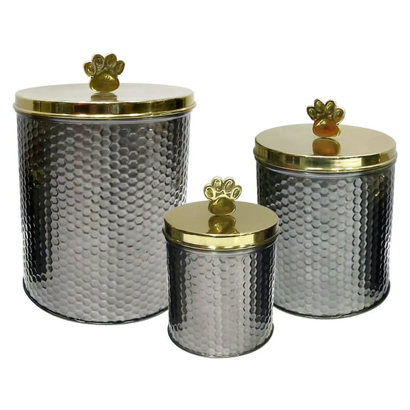 black nickel Embossed 3 Pc set Pet Canister with Golden Paw Handle, Dog Food Treat Canister / golden Lid, Carbon Steel Canister, Storage Container Jar with Tight Fitting Lids for Dog Biscuit Cookies