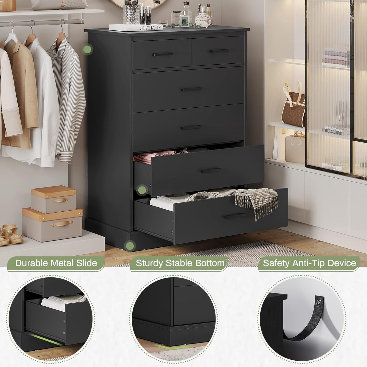 Aunfebrco Black Dresser for Bedroom with 6 Drawers Modern Chest of Drawers Storage Tower Clothes Organizer with Handles&Base, Large Storage Cabinet for Hallway Entryway