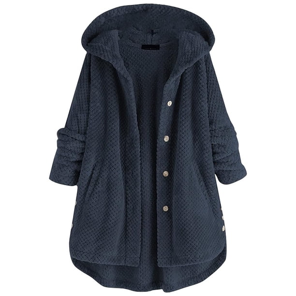Abrigo de invierno para mujer, chaqueta de polar de peluche larga y cálida de gran tamaño, suéter elegante e informal de polar Sherpa con botones y capucha, chaqueta de transición térmica