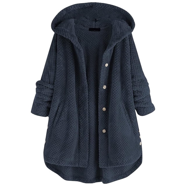 Abrigo de invierno para mujer, chaqueta de polar de peluche larga y cálida de gran tamaño, suéter elegante e informal de polar Sherpa con botones y capucha, chaqueta de transición térmica