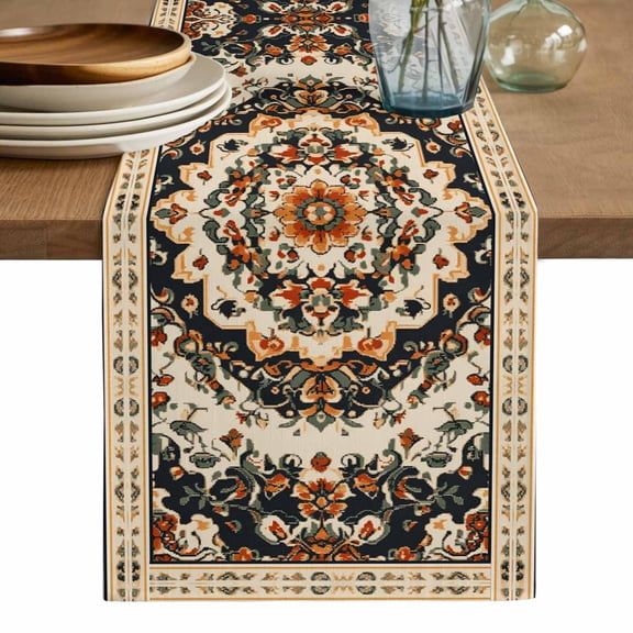 Bohemian Floral Table Runner, Vintage Boho Retro Ethnic Tribes Washable Cotton Linen Table Runners 90 Inches Long, Dresser Scarf Runner for Dining/Coffee/Kitchen/Hallway Tables 13''x90''