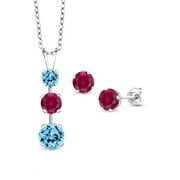 Gem Stone King 925 Sterling Silver Swiss Blue Topaz and Red Created Ruby Pendant and Earrings Jewelry Set For Women (4.36 Cttw, Gemstone November Birthstone, with 18 inch Chain)