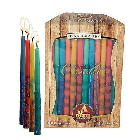 Ner Mitzvah, Multicolor Handmade Natural Beeswax Decorated Hanukkah Menorah Candles - Standard Size (45 Pack)