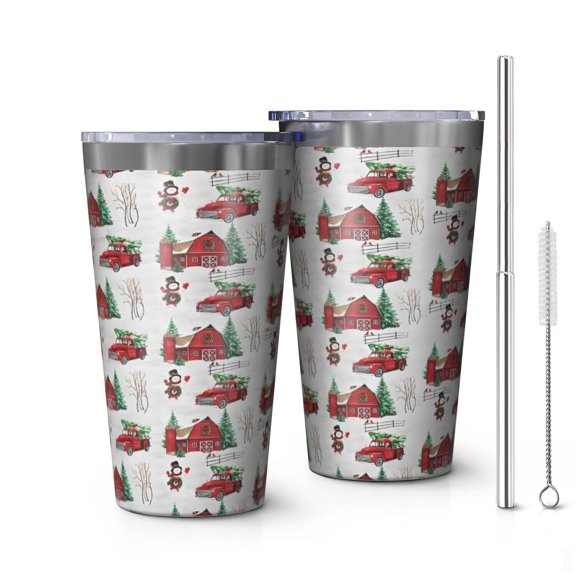 16oz Tumblers Red Christmas Farm and Truck Pattern Stainless Steel Vacuum Insulated Double Wall Travel Tumbler Cups Mug with Lid and Straw,Cleaning Brush for Coffee,Tea