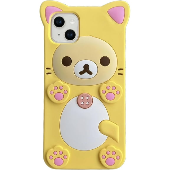 3D Cute Cartoon Bear Phone Case for iPhone 14 Plus - Fashionable and Stylish - Funny Pink Bear Design - Soft TPU Protective Case - Kawaii Silicone Cover for Women, Girls, and Kids (Yellow)