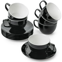 Porcelain Tea Cups and Saucers - 6oz, Black, Set of 6, Adults