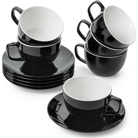 Porcelain Tea Cups and Saucers - 6oz, Black, Set of 6, Adults