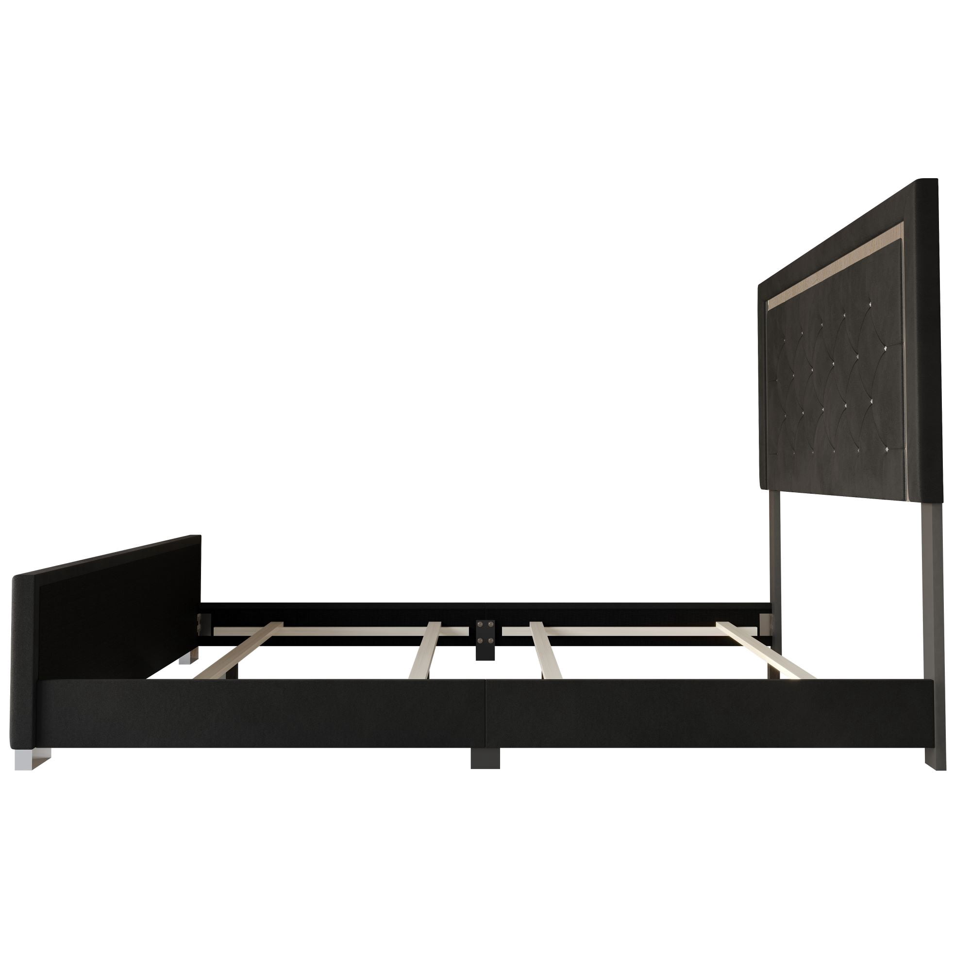 Home Design Toccoa Full Upholstered Panel Bed Frame with Diamond Button-Tufted Headboard and Silver Metal Accents, Black, Easy Assembly