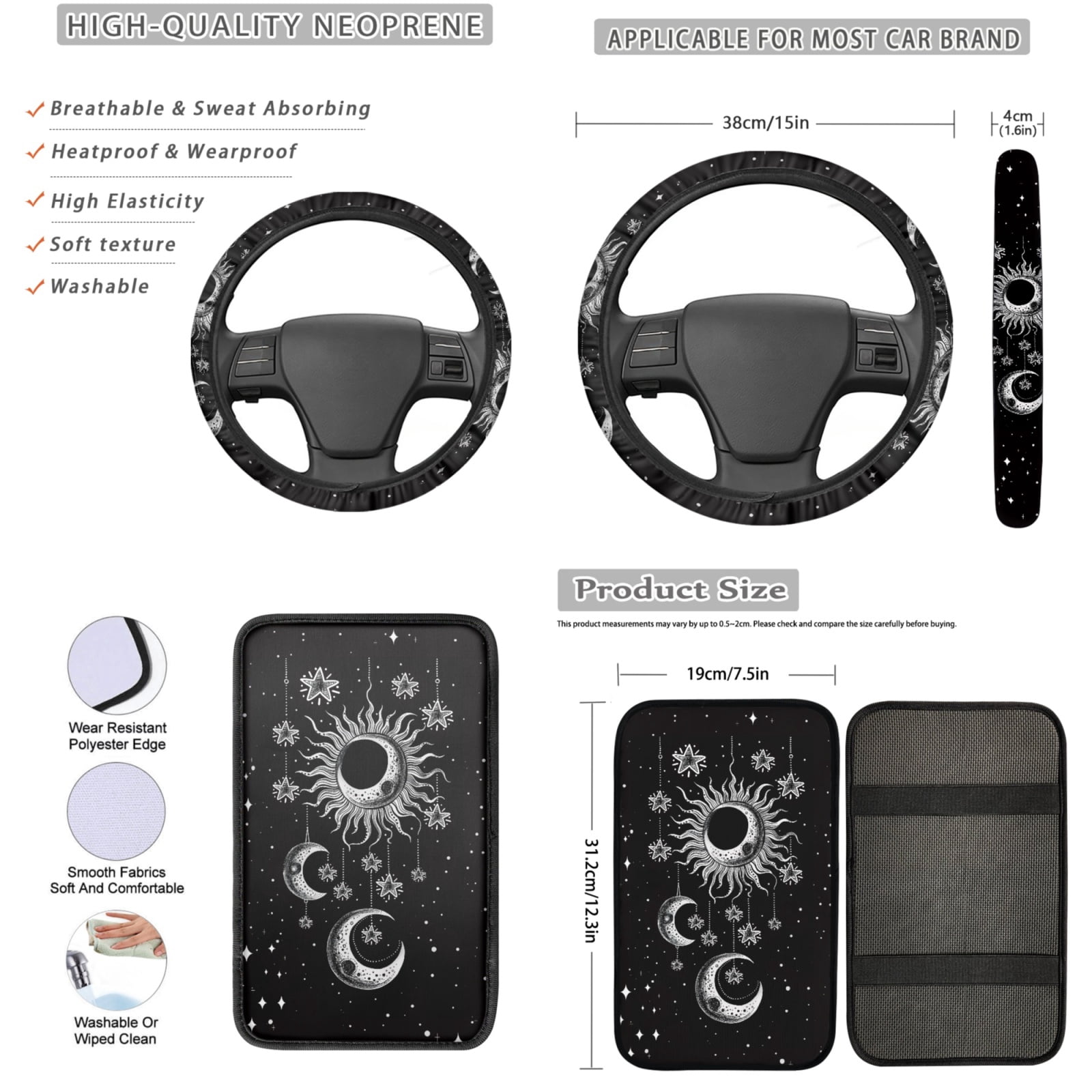 Yuyamidu 13 PCS Car Accessories Set Black Sun and Moon Auto Seat Covers and Steering Wheel Cover Seatbelt Pad Armrest Cover Pad Coasters Keychain