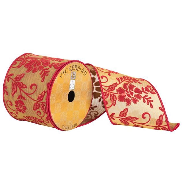 Vickerman Q172305 4 in. x 10 Yard Sheer Gold & Red Flower Scroll Wired Ribbon