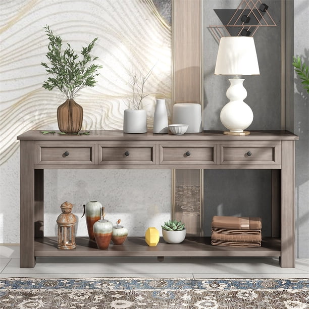 Extra Long Console Table with 4 Storage Drawers and Bottom Shelf ...