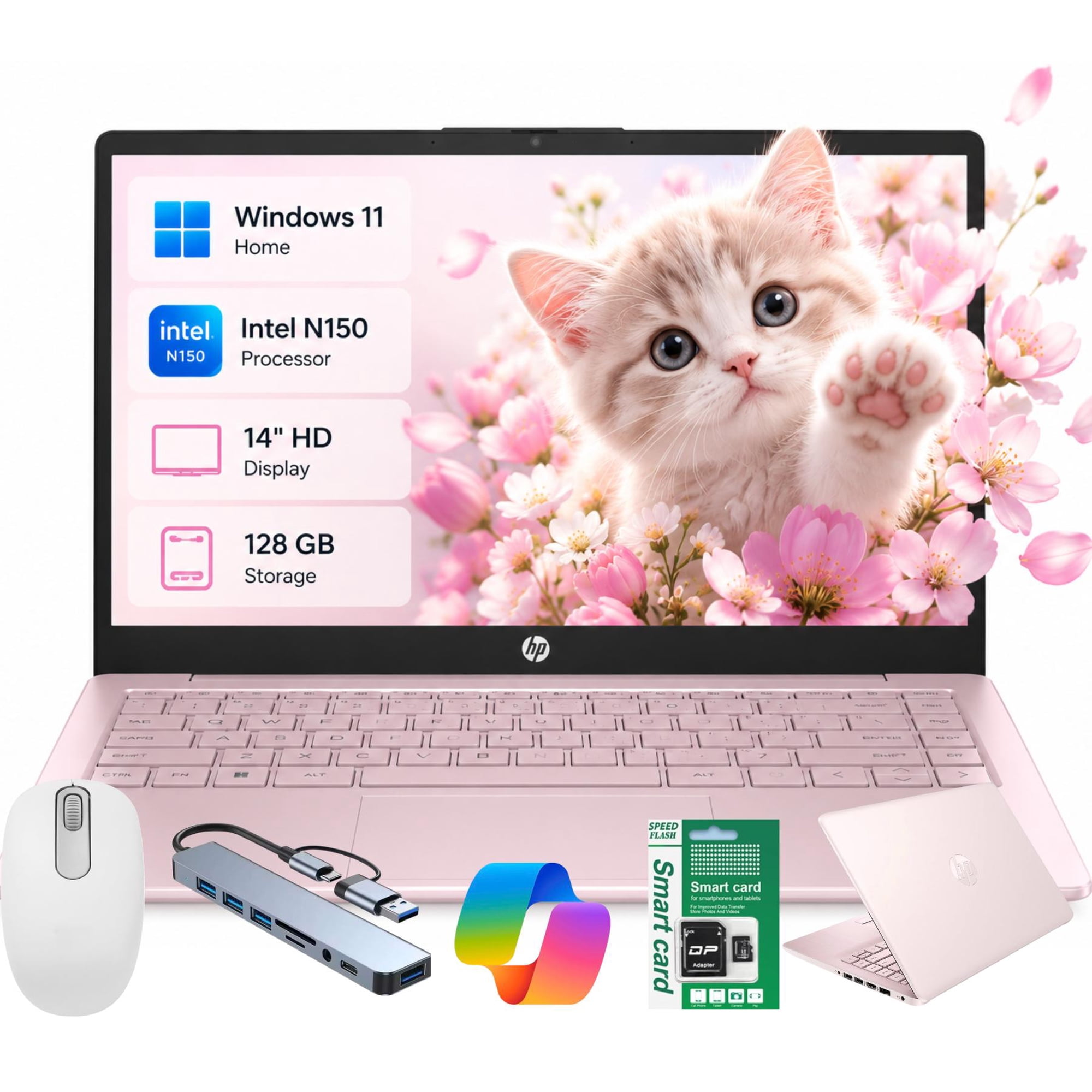 HP 14" Ultra Thin Laptop, Intel Quad-Core Processor, 8GB RAM, 384GB (128GB eMMC+64GB SD Card), Windows 11 Home, 1 Year Microsoft Office 365, Lightweight Notebook for Work or School, Gift Set(Pink)