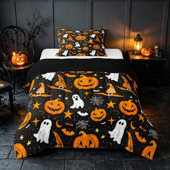 Homewish Halloween Pumpkin Ghost Twin Comforter Sets, Witch Hat Bat Bedding Set, Black Orange, Black Reversible, 2pcs 1 Comforter and 1 Pillowcase