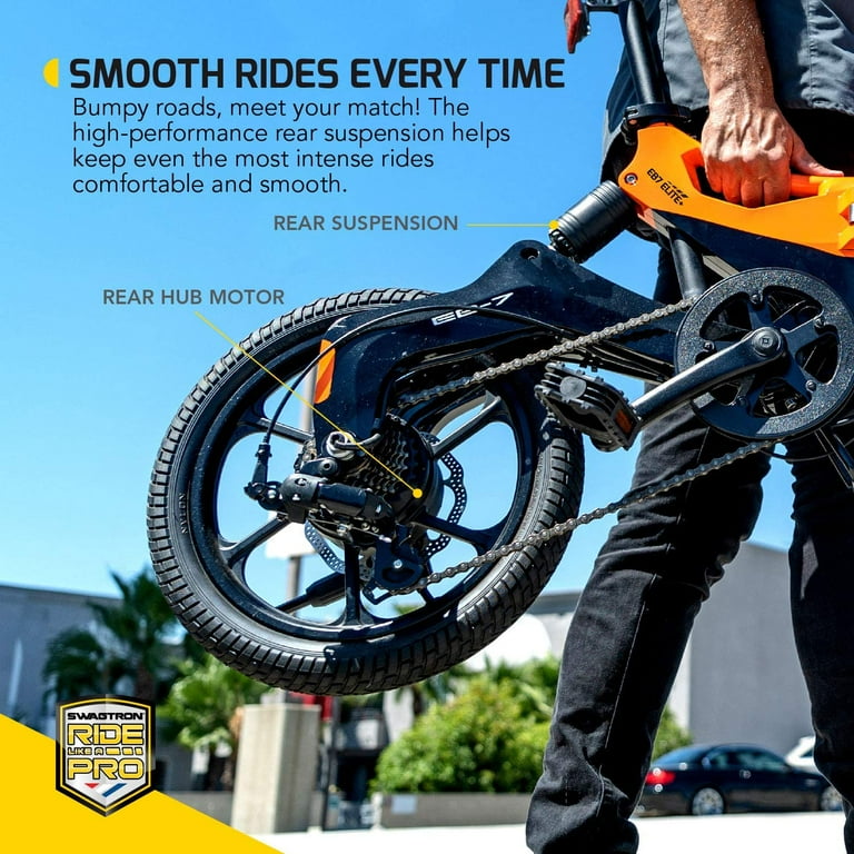 Swagtron EB7 Plus Folding Electric Bike with Removable Battery 7 Speed Shimano Pedal Assist Ebike Suspension 16 Inch Tires 350W Motor Extended 19 Mile