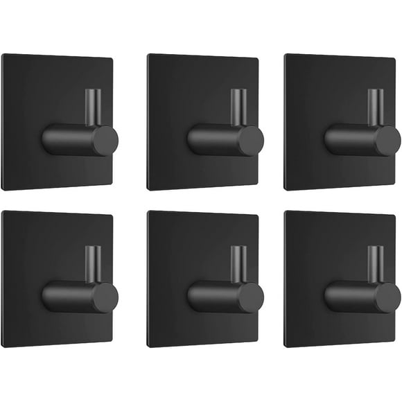 XINQIHANG Matte Black Adhesive Wall Hooks Heavy Duty Adhesive Hooks for Hanging Coat Towel, 3m Self Adhesive Hooks for Bathroom Home Stainless Steel 6 Packs