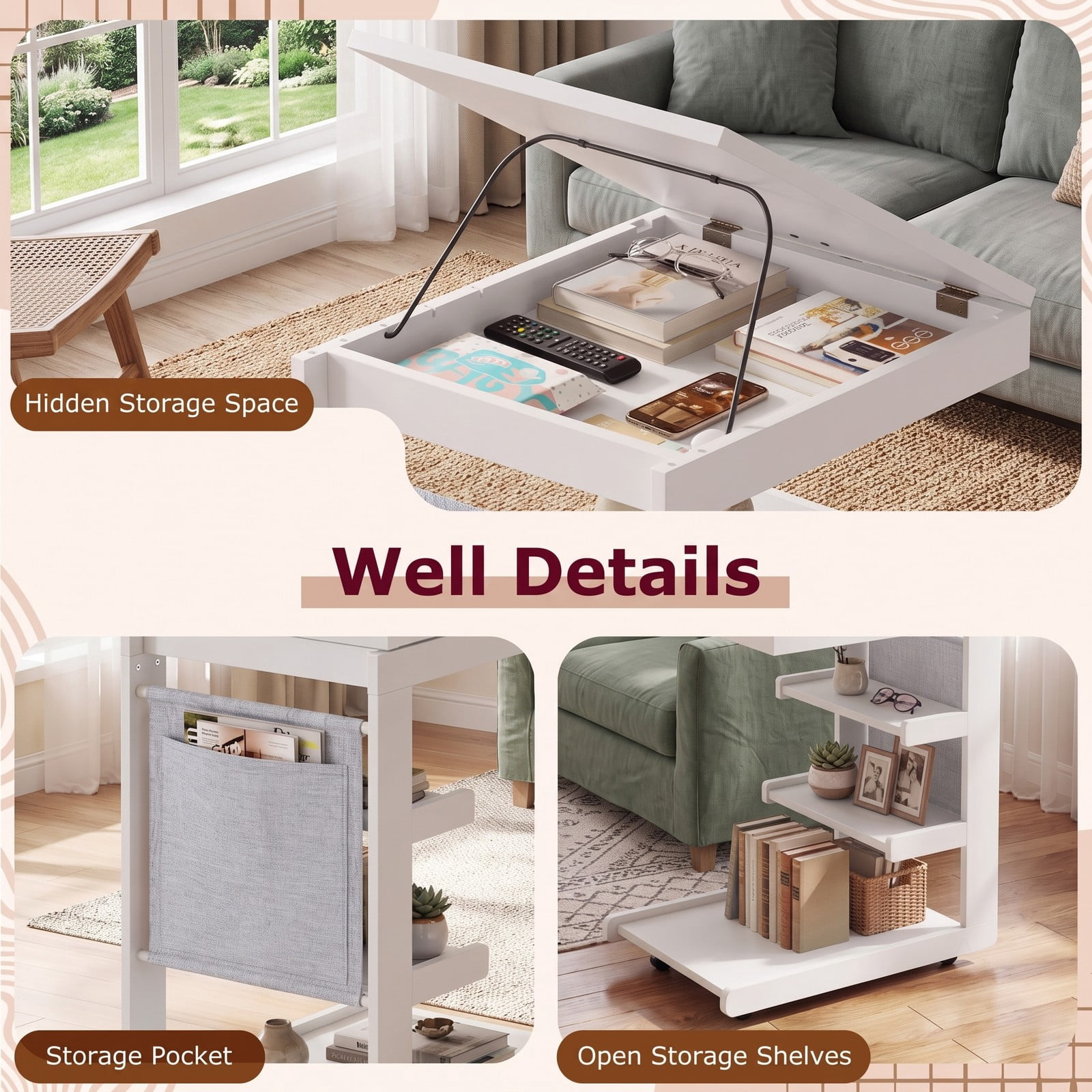 Furnibear C Shaped End Table with Wheels and Adjustable Desktop, Mobile Sofa Side Table with Hidden Compartment and 3 Storage Shelves for Bedside Couch Living, White