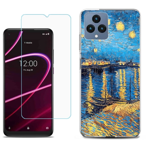 Slim-Fit Gel TPU Fashion Phone Case for T-Mobile Revvl 6 5G, with Tempered Glass Screen Protector, by OneToughShield ® - Starry Night Rhone