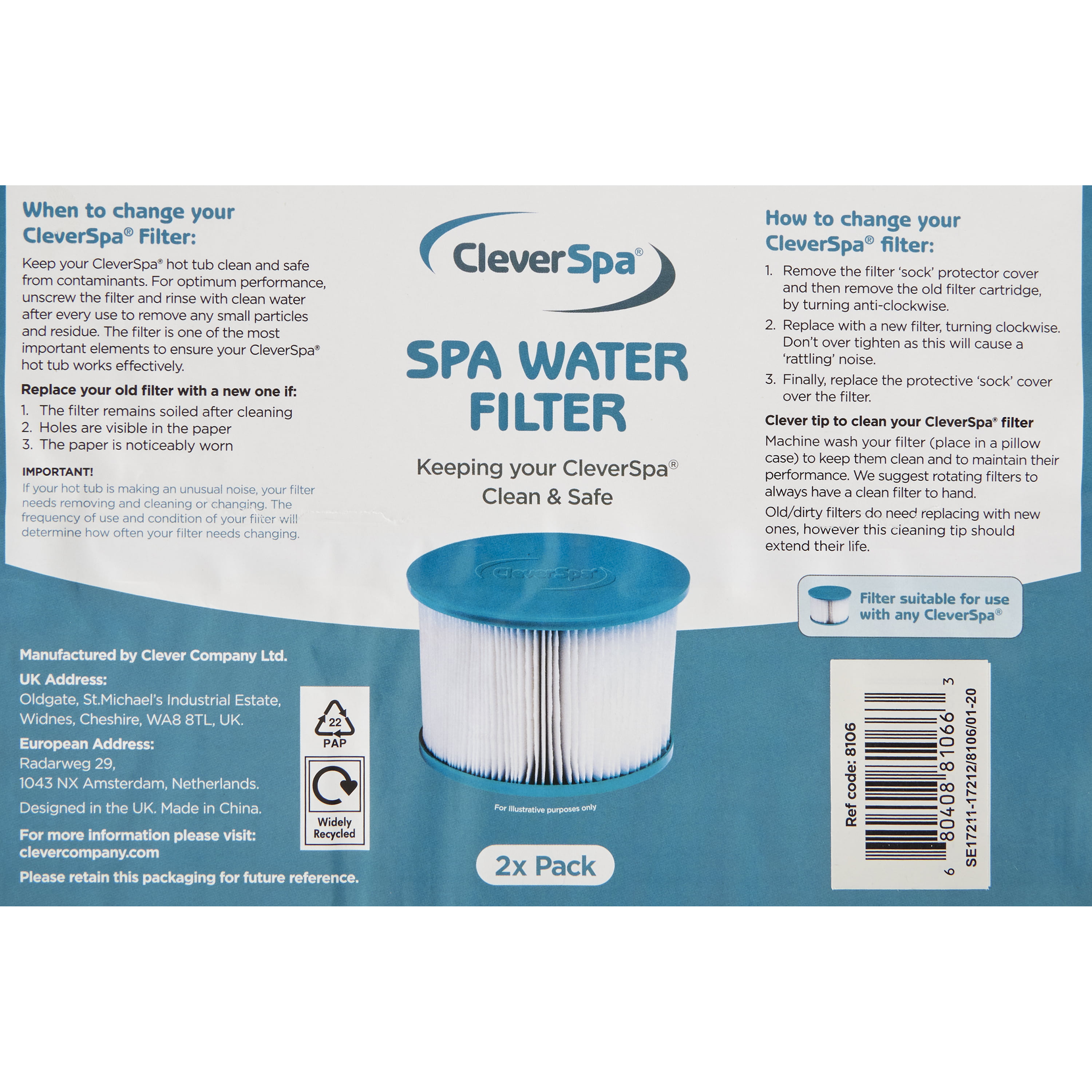 Clever Spa Cleverspa Hot Tub Water Filter DOUBLE PACK Replacement Filters NEW 