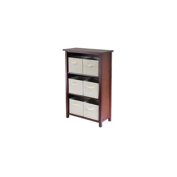 7-Piece Walnut Shelf with Storage Baskets - Floor Standing Living Room Organizer - Solid Wood - 28" W x 13" D x 43" H