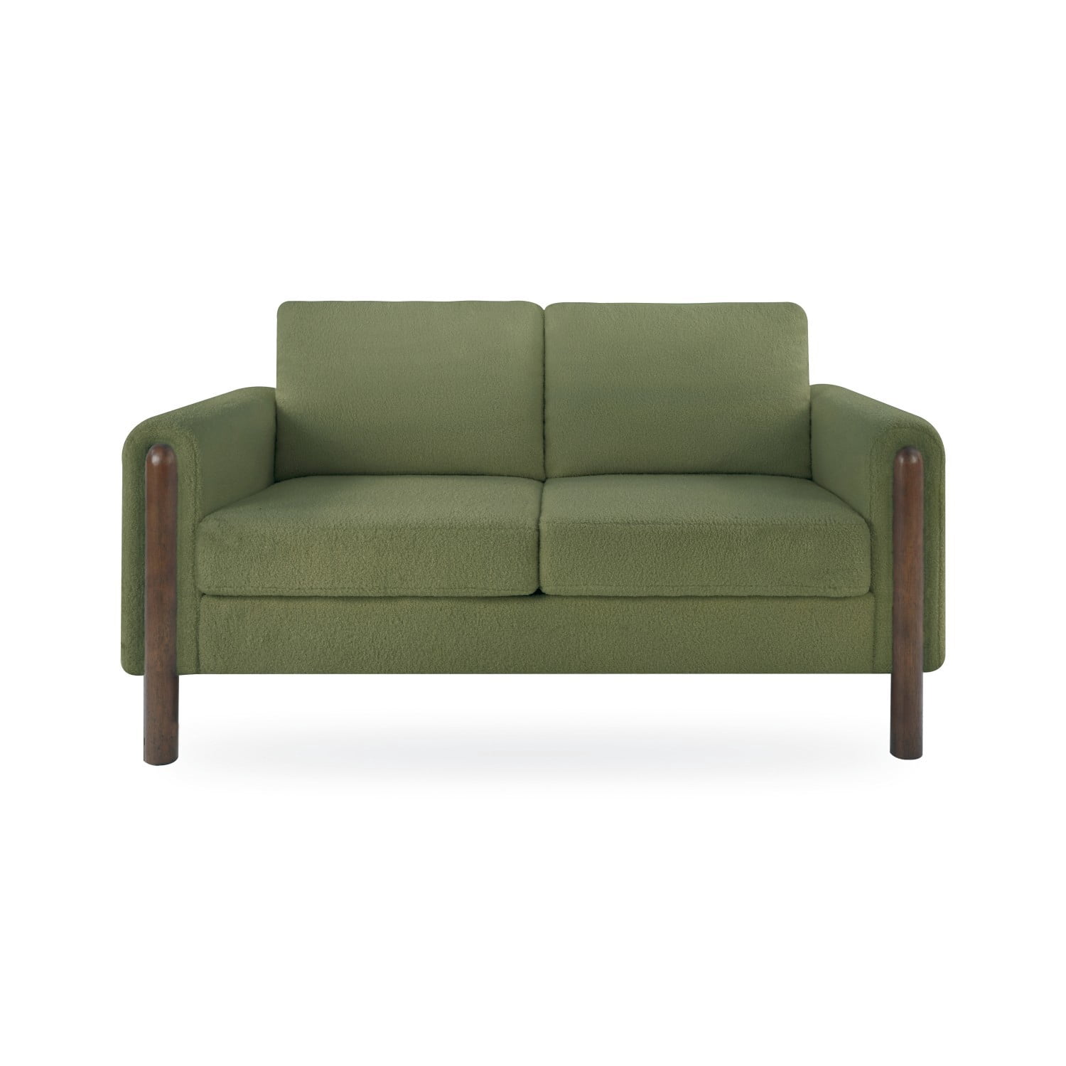 Mid Century Modern 2 Seater Loveseat Sofa Teddy Fabric Upholstered Couch with Walnut Legs and Back Pillows for Living Room Bedroom Office, Green