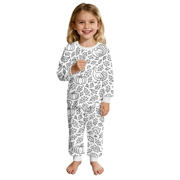 Tisuna Fall Pajamas Set For Kids Girls Stylish Long Sleeve Crew Neck Diy Graphic Print Tops And Pants Sleepwear Children'S 2 Pieces Homewear Matching Set Size 2-3 Years