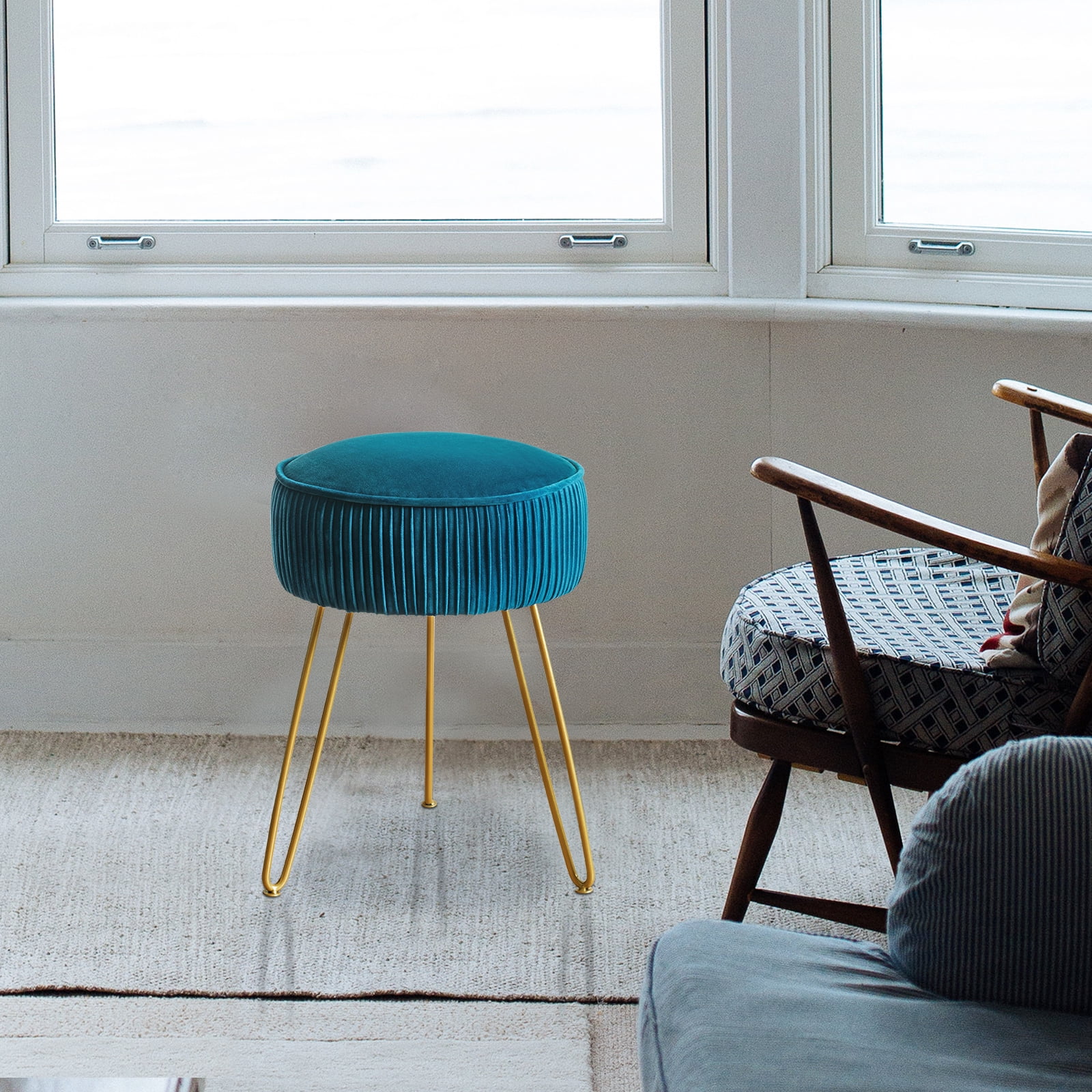 Dycanpo Blue Vanity Stool Vanity Chair with Velvet Upholstered, Metal Legs for Living Room, Adult