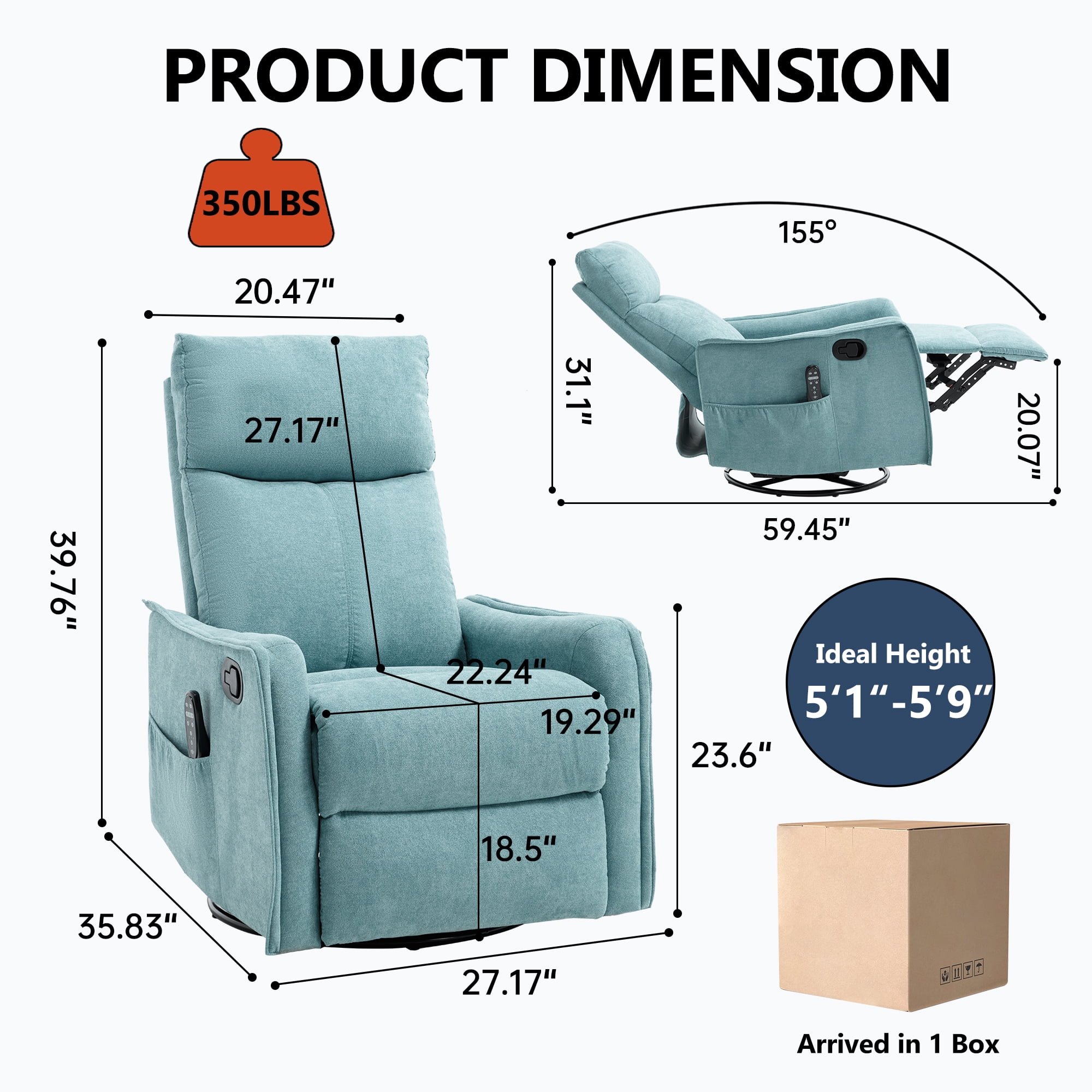 Leumius Recliner Chair with Massage and Heat,360° Manual Swivel Rocker Chair for Adults,Upholstered Fabric Glider Recliner Nursery Chair with Side Pockets for Living Room,Antique Blue Green