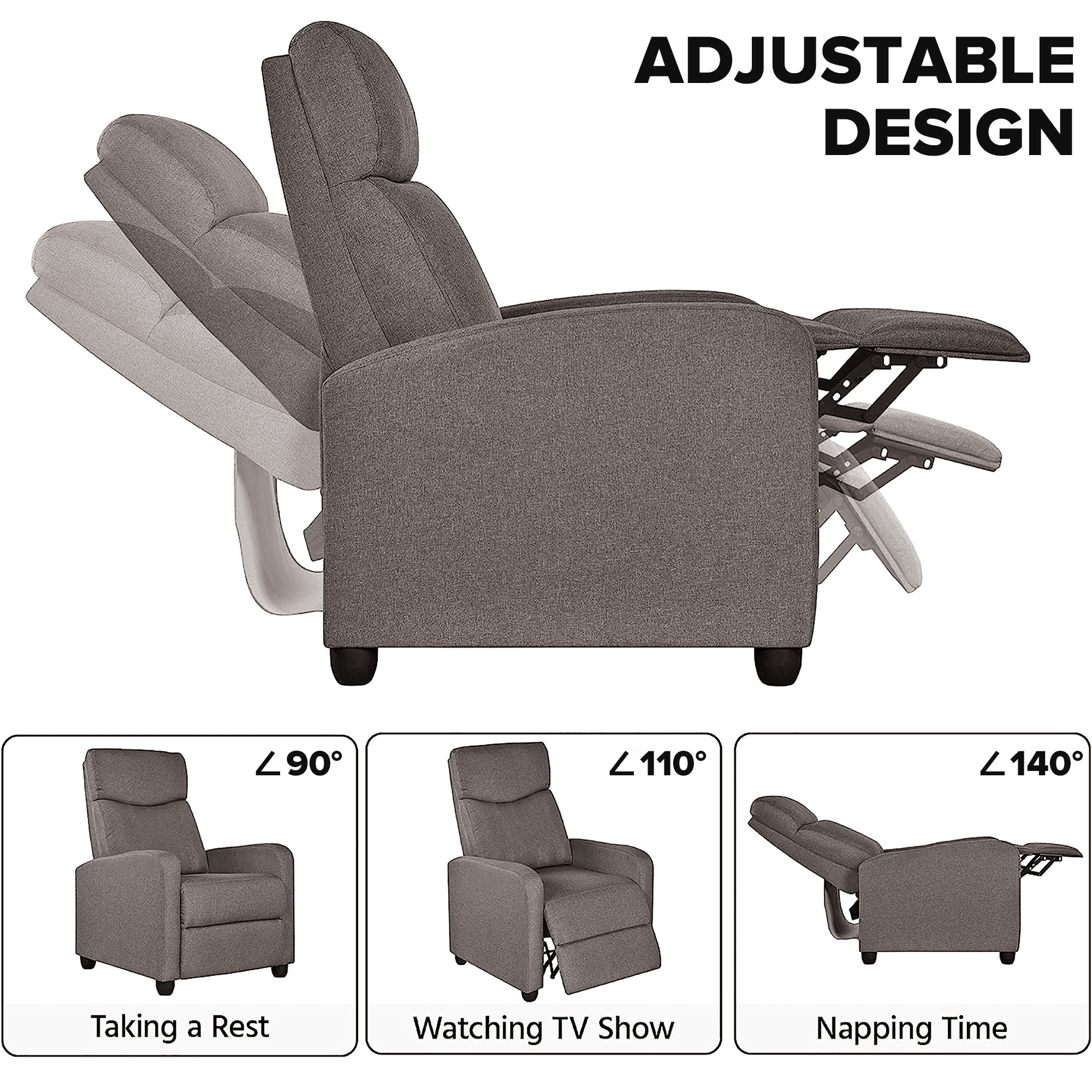 Comhoma Push Back Theater Adjustable Recliner with Footrest, Grey Fabric - image 2 of 8