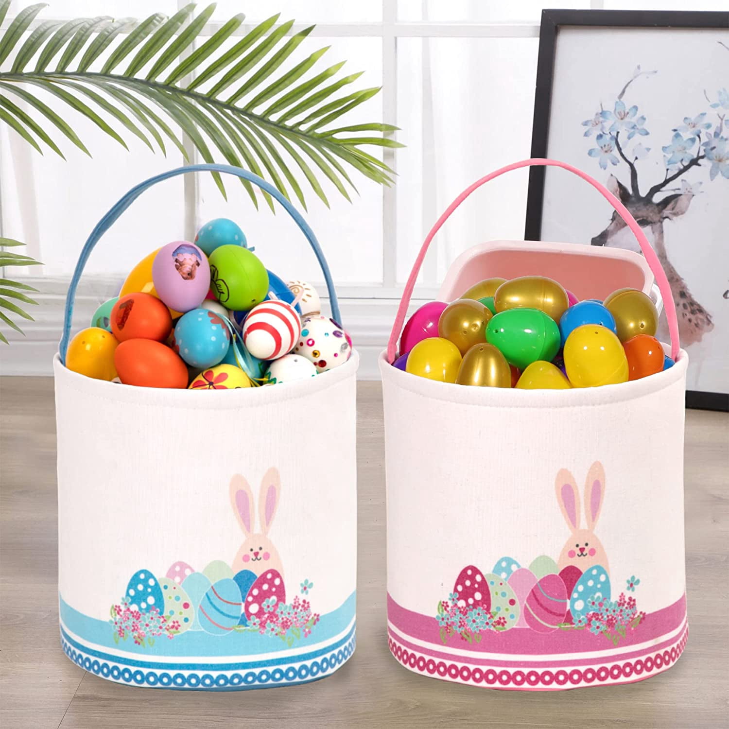 Easter Bunny Egg Hunt Basket, Personalized Canvas Cotton Tote Bag With Handle, Reusable Easter Party Gift Bucket for Kids, Blue, One Size