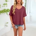 thumbnail image 5 of idosla Oversized Cropped Tshirts for Women Short Half Sleeve V Neck Tops Summer Flowy Split Hem Basic Tee Shirts (Wine, S), 5 of 6